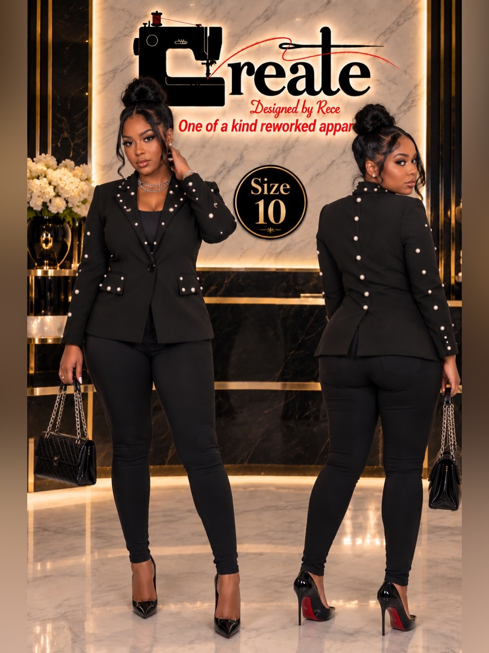 Custom Ann Taylor Black Pearl-Embellished Women's Blazer Jacket